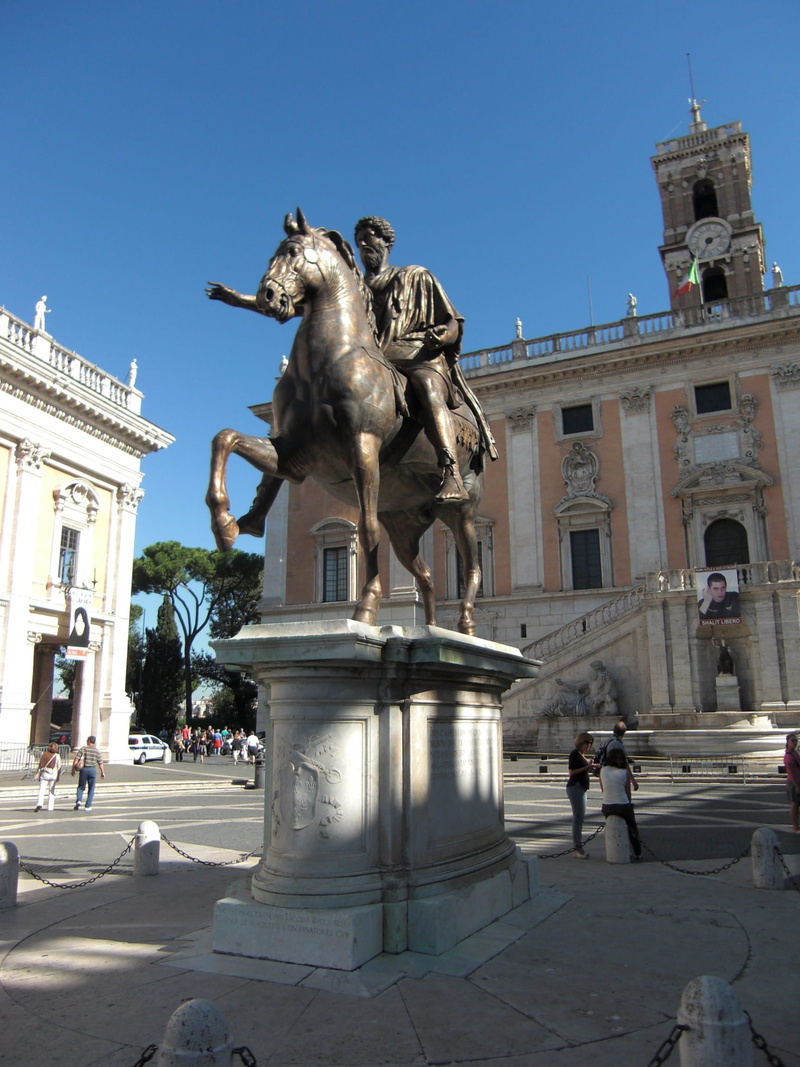 city, history, male likeness, Piazza Del Campidoglio, reiter, equestrian statue, human representation, building, fountain, 1080P, statue, art and craft