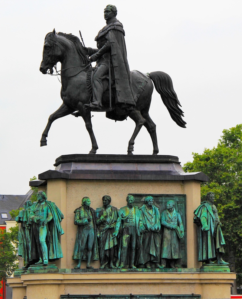 historically, sculpture, mammal, statue, male likeness, low angle view, reiter, monument, domestic, hohenzollern bridge, representation, livestock, human representation