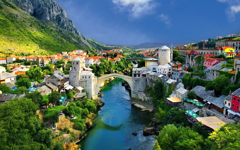 history, village, plant, 1080P, Bosnia, travel destinations, residential district, outdoors, building, river, Mostar, town, house, bridge, mountain, building exterior