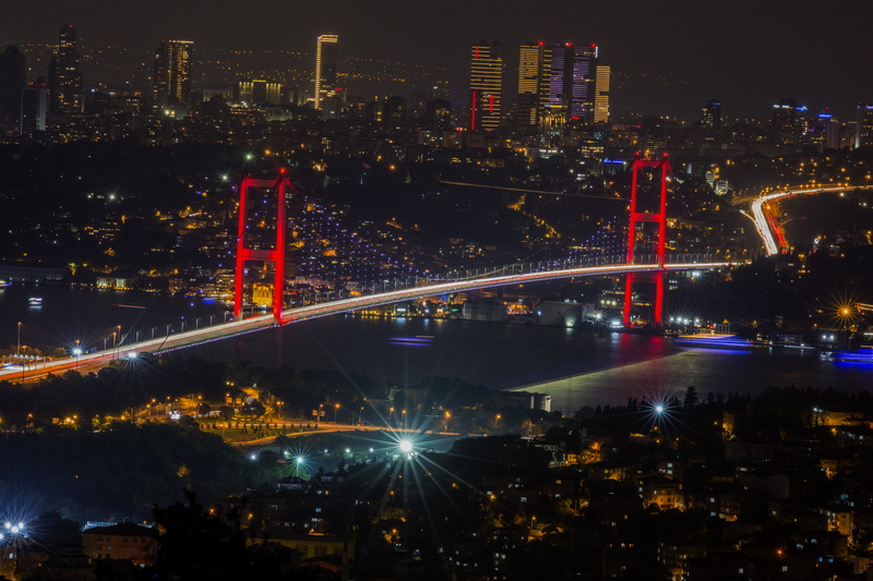 summer, skyscraper, view, outdoors, adventure, night, tall - high, city, connection, istanbul, architecture, nature, bridge - man made structure, built structure