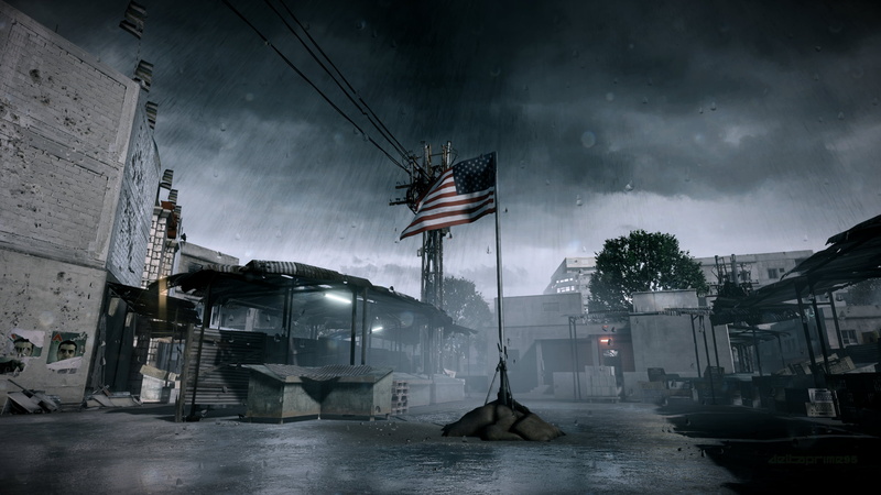 screen shot, Grand Bazaar, American flag, Battlefield 3, storm, rain, PC gaming, Battlefield, Market, shop, video games, In-Game Photography, 4K, Tehran