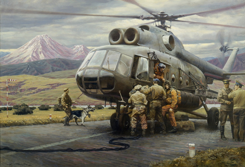 soldiers, picture, oil, andquot;Small aircraftandquot;, helicopter, artist A. Sytov, canvas, illustration, gray, 1986, 2K