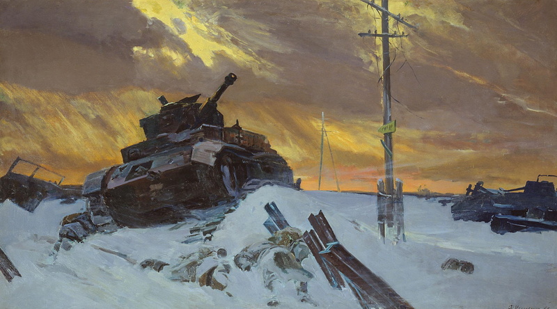 The great Patriotic war, 1949, Picture, the sky, illustration, andquot;the Enemy is stoppedandquot;, brown, posts, tank, 1080P, battle, F Osipenko