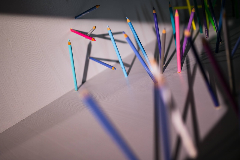 technology, blue, no people, 2K, Pencils, art and craft, crayon, large group of objects, connection, colourful, indoors, walls, shadow, still life, floors