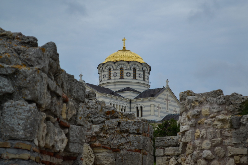 city, stone wall, building exterior, old, place of worship, hersonissos, nature, crimea, travel, low angle view, no people, building, belief, cloud - sky
