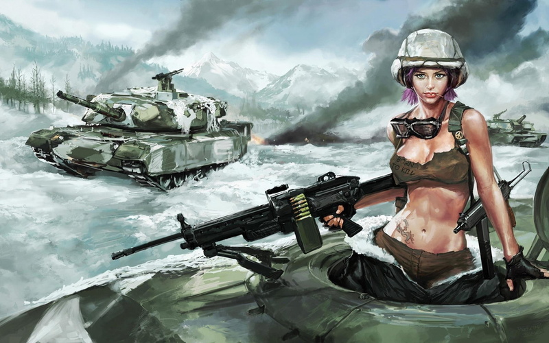 1080P, woman, army, women, machine, cartoon, soldier, tank, military, war, artwork, tanks, glasses, 3d and abstract