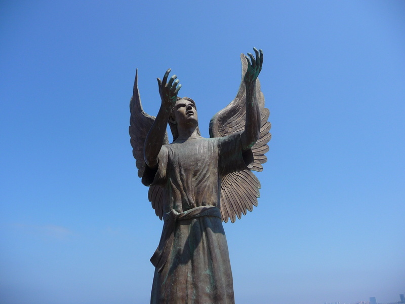 arms raised, Mexico, sky, angel of hope, sculpture, human representation, art and craft, no people, day, craft, male likeness, low angle view, Statue, representation