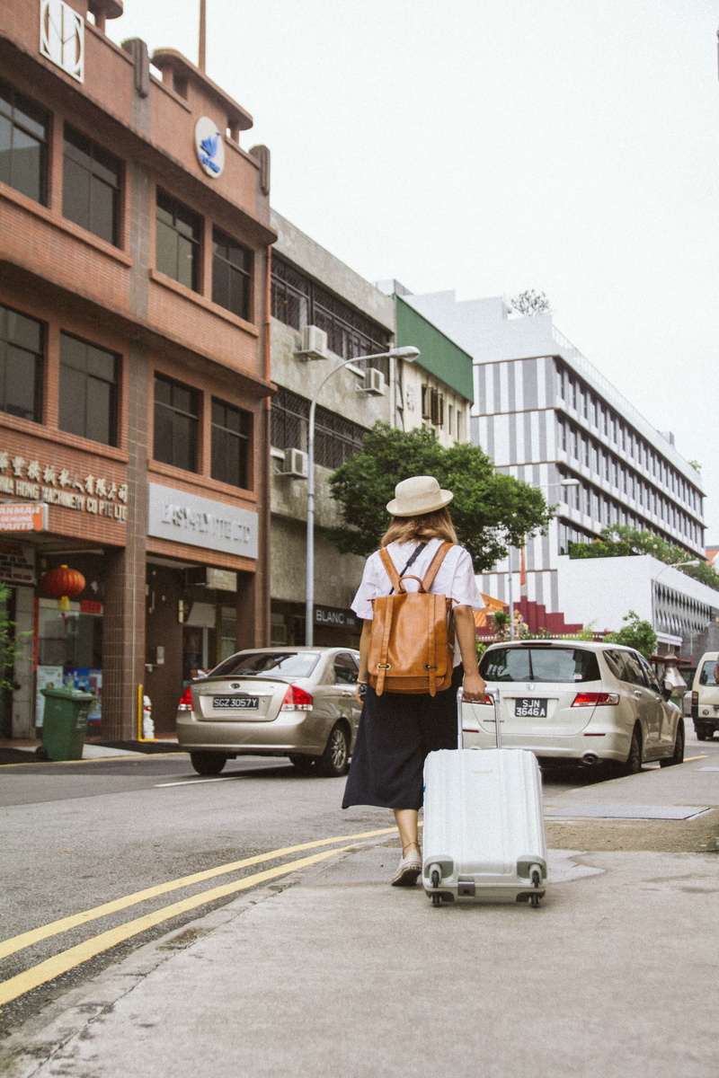 rear view, day, full length, street singapore, mode of transportation, lady, uniform, hat, film, men, asia, asia women, woman, architecture, road, land vehicle