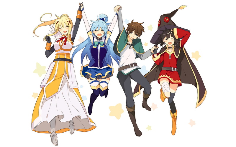 creativity, Anime, human representation, Kazuma Satou, music, white background, still life, Darkness (KonoSuba), variation, Megumin (KonoSuba), multi colored