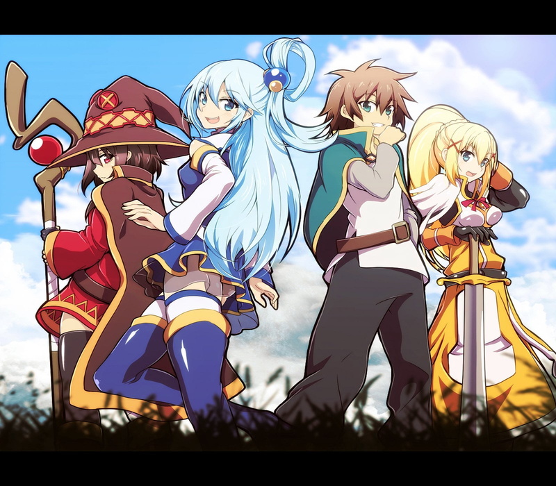 KonoSuba – God’s blessing on this wonderful world!!, 720P, Darkness (KonoSuba), art and craft, male likeness, Megumin (KonoSuba), low angle view, outdoors