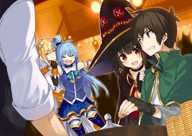 Megumin (KonoSuba), Kazuma Satou, celebration, lifestyles, leisure activity, art and craft, carnival, 1080P, people, men, group of people, KonoSuba, obscured face