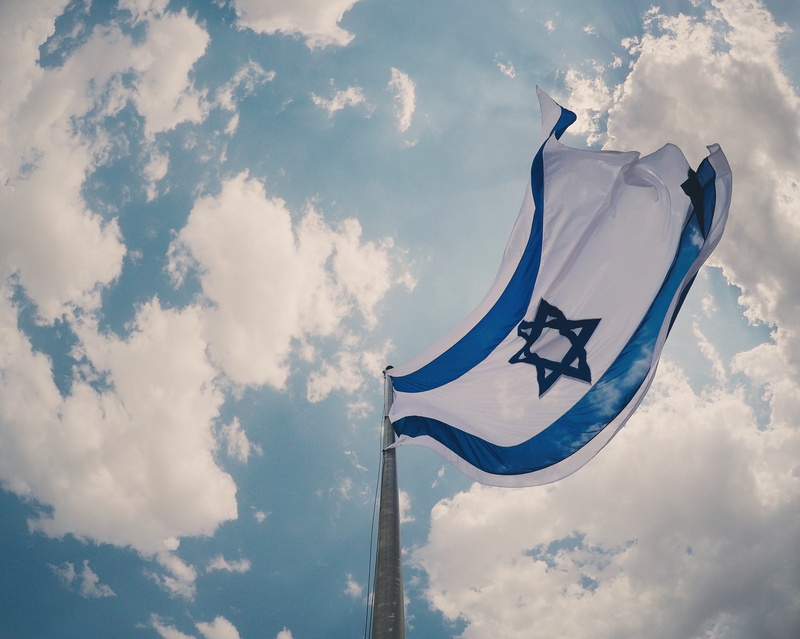 day, striped, textile, cloud - sky, israel, emotion, symbol, environment, blue, sky, waving, massada, star shape, low angle view, pole, national icon, wind