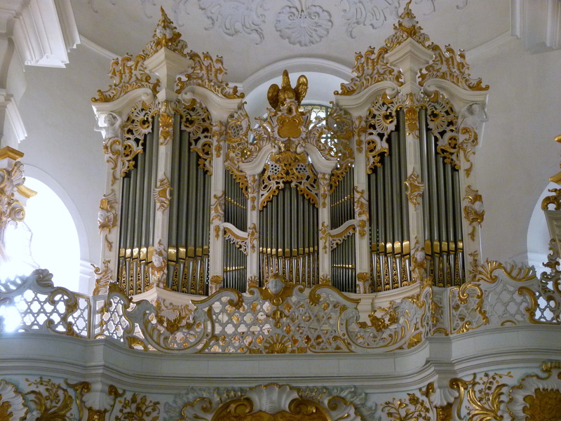 architectural column, gallery, musical instrument, place of worship, no people, pipe organ, built structure, pilgrimage church of wies, baroque, ceiling