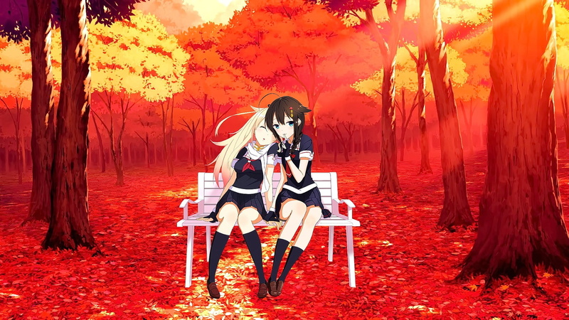 land, forest, red, people, short hair, anime girls, closed eyes, blue eyes, outdoors, looking at viewer, 1080P, child, beauty in nature, long hair, tree