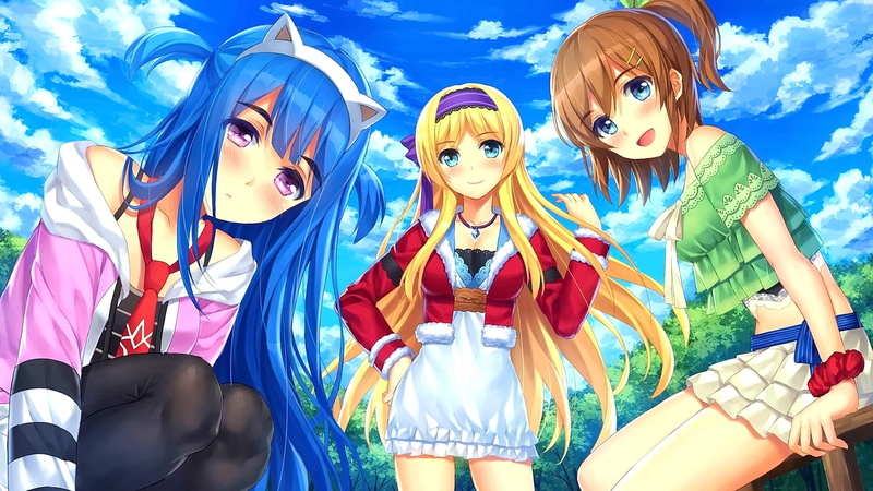 blonde, anime, open mouth, 1080P, smiling, long hair, blue eyes, anime girls, short hair, original characters, looking at viewer, blue hair