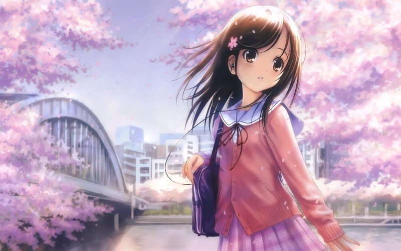 original characters, school uniform, shirt, city, anime girls, 1080P, bridge, cherry blossom