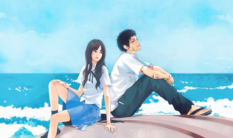 boy, anime, beautiful, summer, long, girl, uniforms, couple, school, love, 720P, original, sea, blue, hair