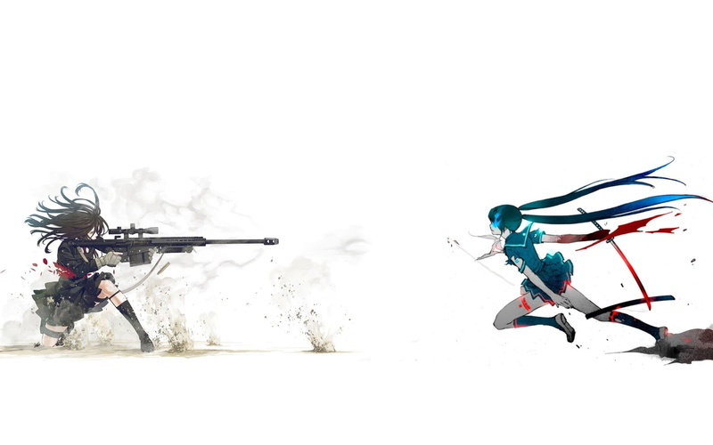1080P, hair, hd, rock, black, blue, weapons, art, shooter, x, girls, Katana, scar, anime, blade, hot, Black Rock Shooter