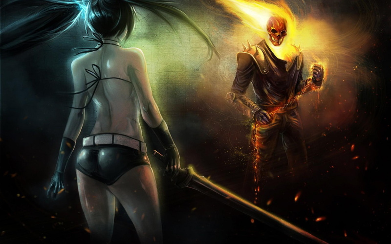 rock, black, shooter, huke, ghost, 1080P, girl, vs, rider, black-rock-shooter, ghost-rider, anime