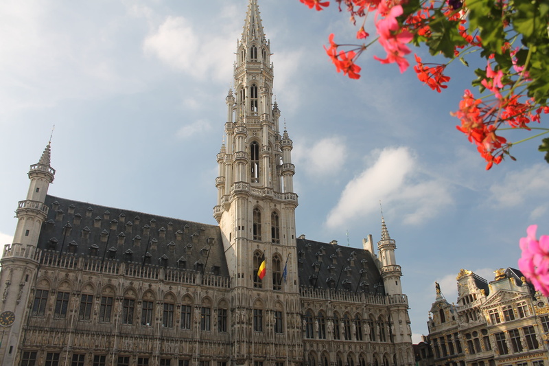warm, town hall, gothic style, building, summer, day, government, landmark, travel, tower, flowers, belgium, sky, built structure, no people, 4K, history