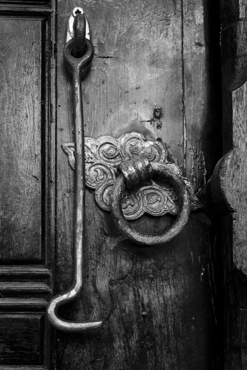 lion - feline, door knocker, metal, closed, Door, knob, design, on, entrance, ornate, safety, close-up, wood - material, ancient, key, old, black and white