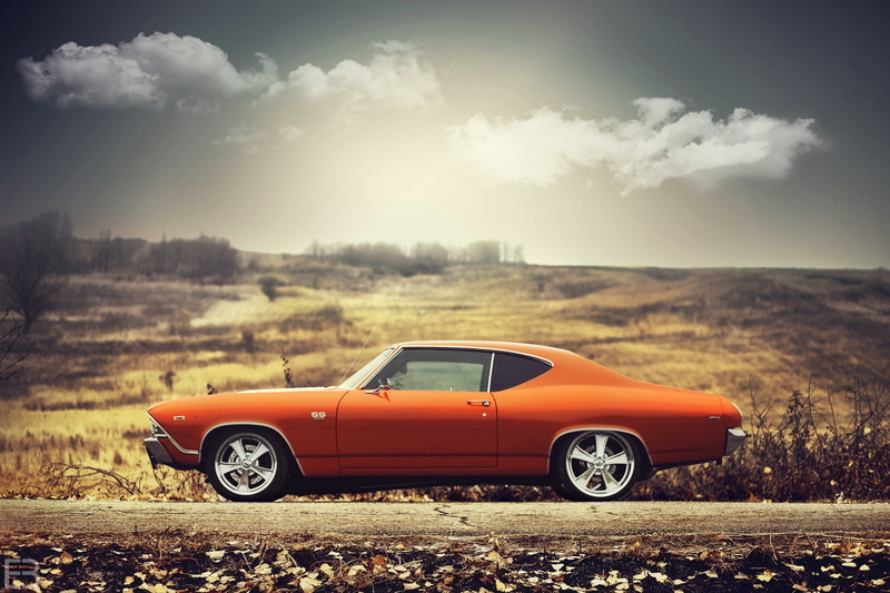 beauty in nature, land vehicle, travel, motor vehicle, Orange, sky, mustang, Chevelle, outdoors, 1969, field, Chevrolet, cloud - sky, coupe, Sun, 1080P