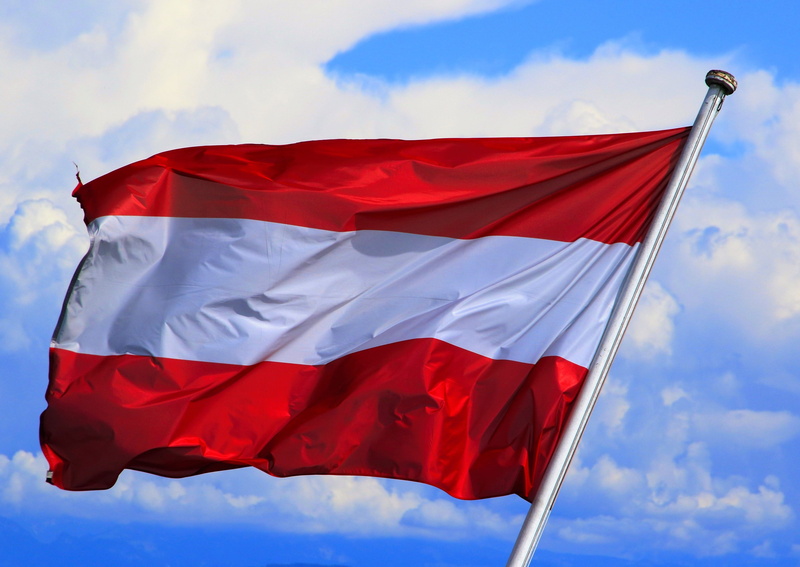 star shape, banner, patriotism, white color, day, austria, flagpole, vienna, waving, blue, outdoors, environment, cloud - sky, no people, low angle view