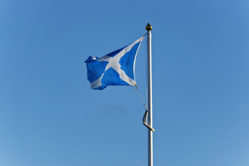 sky, dom, textile, day, national, scottish, sunny, saltire, low angle view, copy space, environment, grey, blue sky, clear sky, outdoors, sunlight, scottish flag
