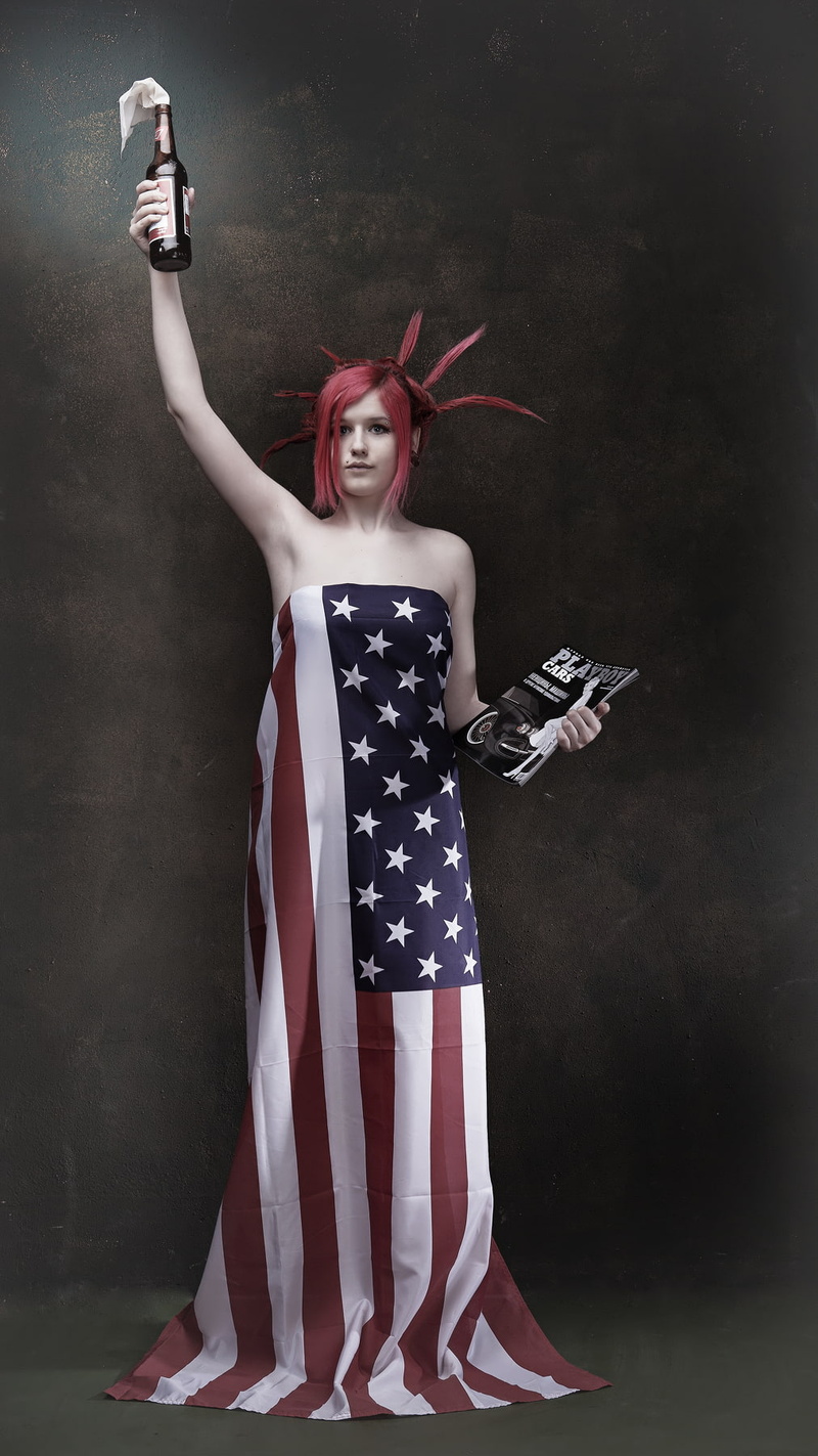 flag, 720P, Molotov, bare shoulders, model, Playboy, women, redhead, Stars and Stripes, arms up
