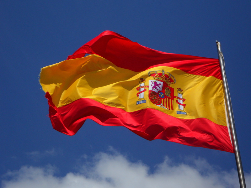 pride, outdoors, waving, flagpole, sky, textile, wind, 4K, nature, spain, patriotism, low angle view, blue, shape, red, pole, environment, no people, blue background