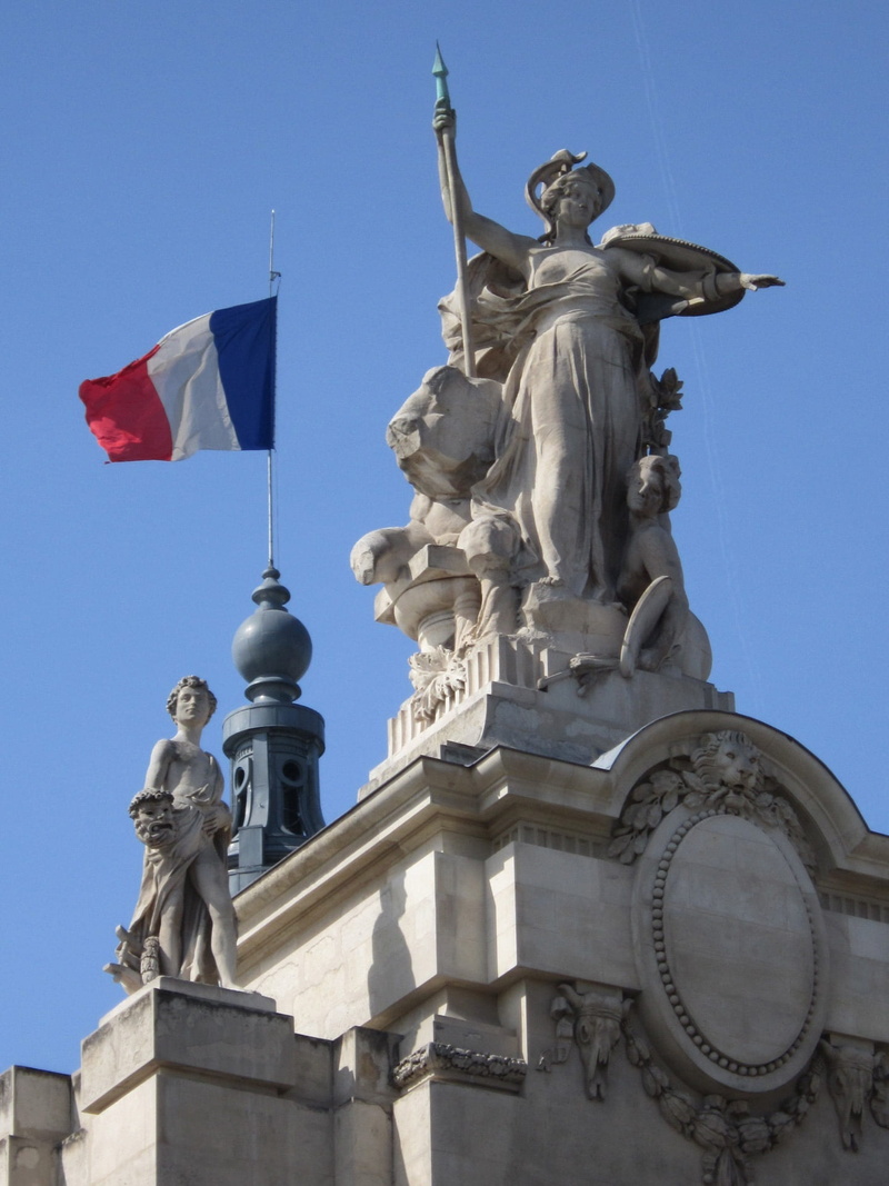 grand palais, travel, europe, landmark, art and craft, built structure, angel, sightseeing, sculpture, french, french flag, low angle view, blue, nature