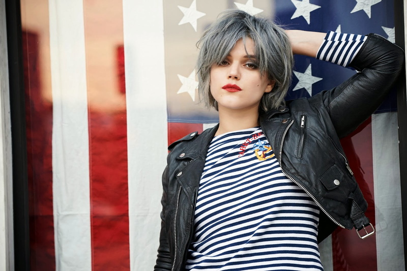women, grey hair, SoKo, striped tops, 720P, black jackets, French, American flag, singer, french women