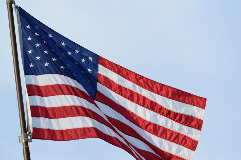 blue, star Shape, waving, day, low angle view, red, respect, striped, Flag, fourth of July, american, uSA, patriotism, pride, wind, national icon, sky