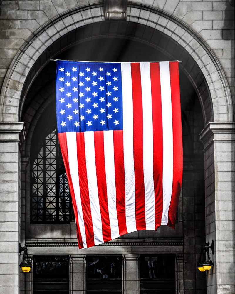 architectural column, red, freedom, arch, pride, low angle view, independence, architecture, flag, national icon, waving, shape, day, american, patriotism
