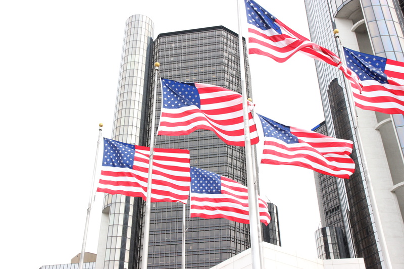 flags, usa, patriotism, day, independence, skyscraper, states, american, low angle view, striped, city, nature, country, detroit, banner, american flag