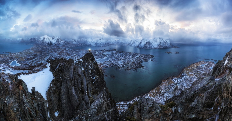 torchlight, panoramas, sea, road, hiking, sky, clouds, 1080P, winter, snow, Norway, landscape, nature, Lofoten Islands, mountains