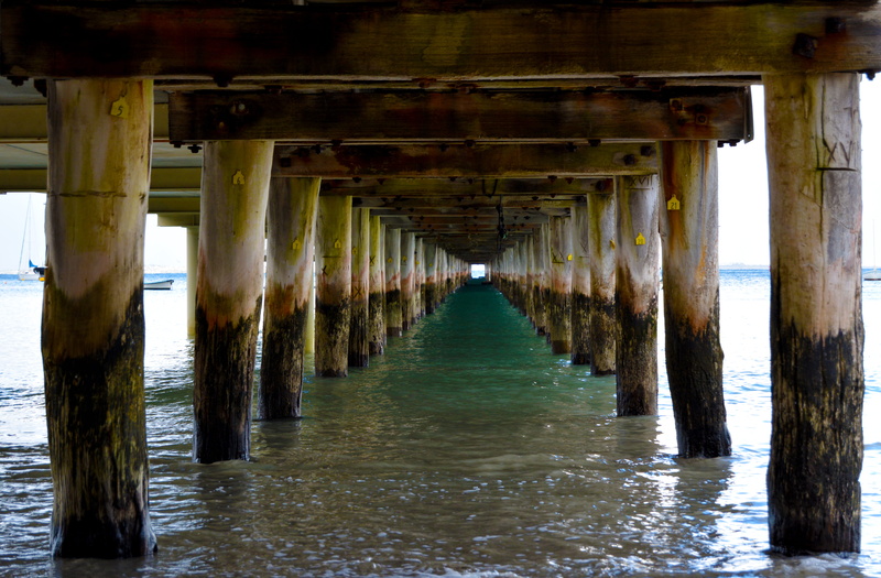 architecture, tunnel, ocean, beach, day, docks, water, nature, seaside, boast, wood, victoria, outdoors, jetty, wooden post, colonnade, below, pier, waterfront