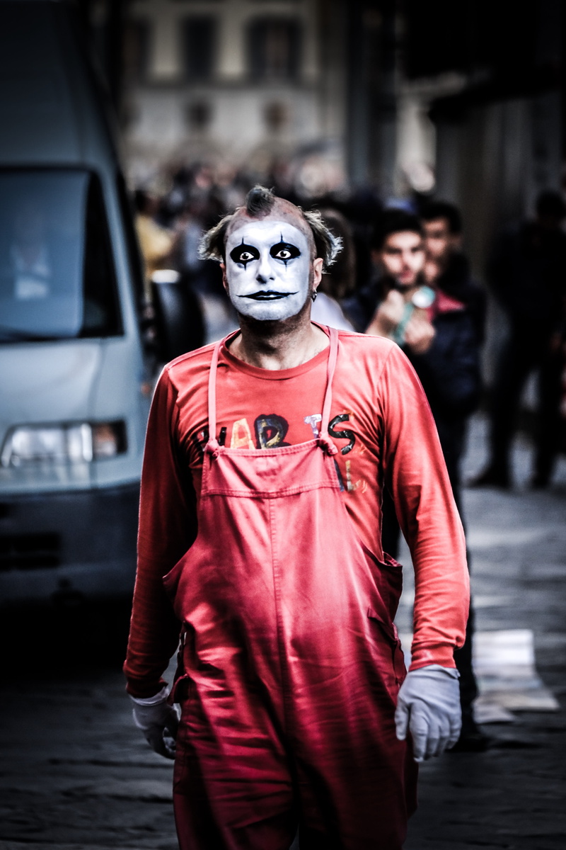 occupation, one person, portrait, clown, red, young adult, front view, three quarter length, florence, day, fear, incidental people, mime, italy, nightmare