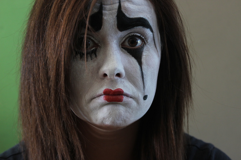 photography, indoors, face painting, headshot, adult, portrait, 5K, make-up, clown, one person, close, make up, face, front view, close-up, human face