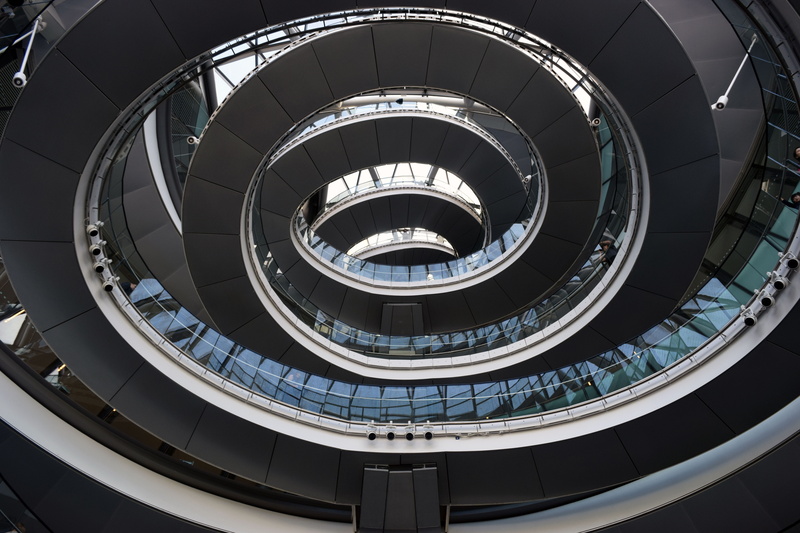 city hall, circle, directly below, day, shape, geometric shape, staircase, curve, built structure, concentric, no people, london, high angle view, steps and staircases