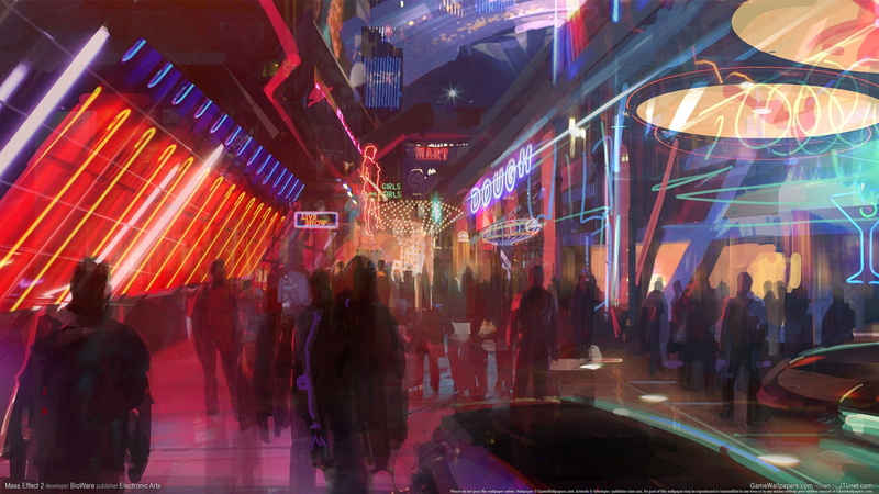 night, women, built structure, crowd, city life, adult, real people, architecture, indoors, nightlife, neon, Mass Effect, city, illuminated, lifestyles