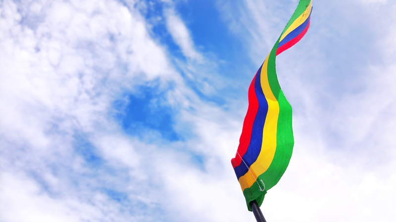 flying, green, 4K, red, striped, blue, outdoors, Mauritius, yellow, independence day, wind, low angle view, cloud - sky, cloud, sky, angle, multi colored