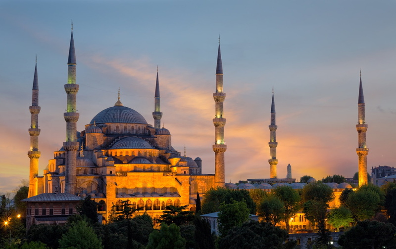 building, spirituality, sunset, 1080P, place of worship, sultan ahmed, sky, outdoors, building exterior, dome, spire, nature, built structure, City, belief