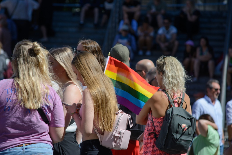 flag, hair, real people, pride, people, enjoyment, symbol, lesbian, festival, adult, spectator, crowd, women, gay, les, blond hair, hairstyle, event, focus on foreground
