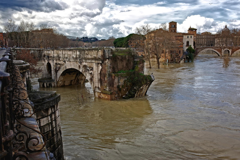 Italy, ruins, water flows, Rome, The Tiber, 1080P, old, Roman bridge, ancient