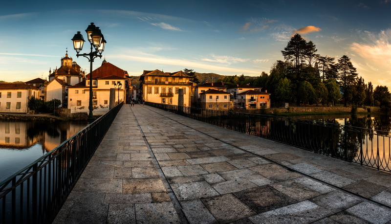 evening, street, portugal, lights, cities, roman, chaves, bridges, houses, 4K, bridge