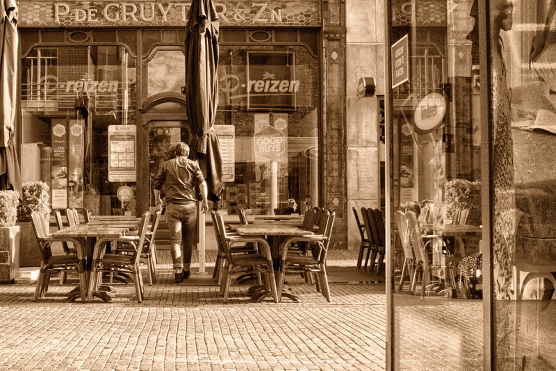 adult, store, sidewalk, built structure, bertbosch, one person, sidewalk cafe, casual clothing, sitting, street, men, cafe, Helmond, outdoors, real people