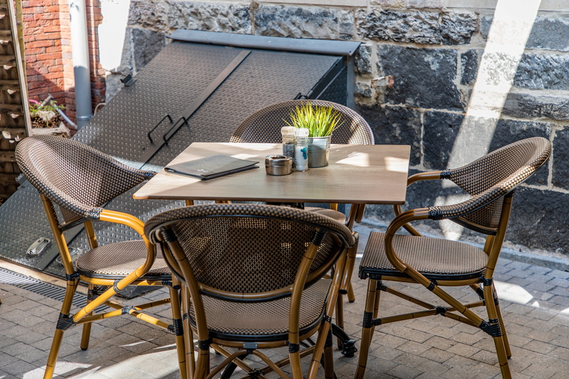 5K, food and drink, outdoors, dinner, absence, nature, relaxation, wicker, sidewalk cafe, wood - material, cafe, terrace, arrangement, potted plant, chair