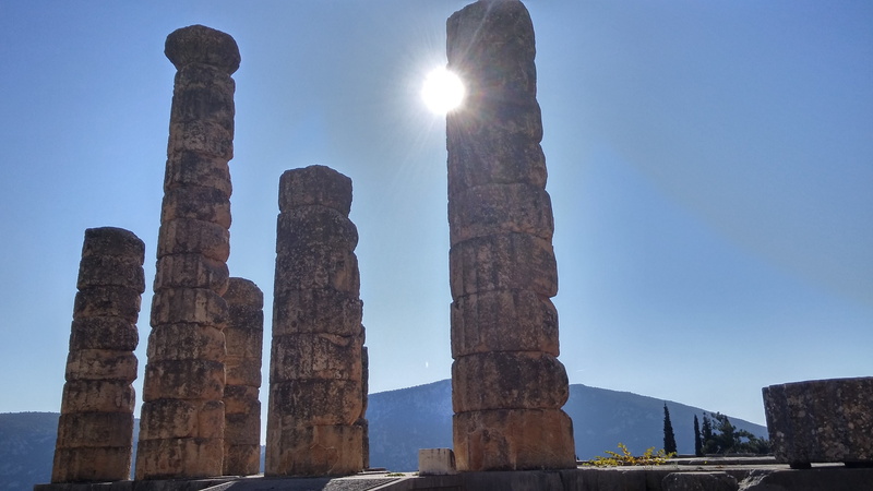 history, ruined, sky, low angle view, outdoors, mountain, ancient civilization, columns, no people, built structure, clear sky, architectural, religion