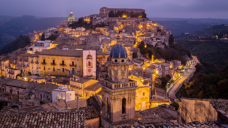 no people, ragusa, illuminated, building, tower, ancient civilization, old, residential district, town, sky, nature, history, sicily, architecture, travel destinations